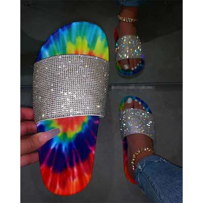 Wholesale Fashion Rhinestone Slide Sandals Ladies Flat Slipper Colour Rainbow Women's Slippers