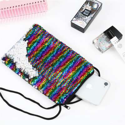 High quality mermaid sequin coin purse cross body bag children's pendant sequin mobile phone small square reversible sequin bag