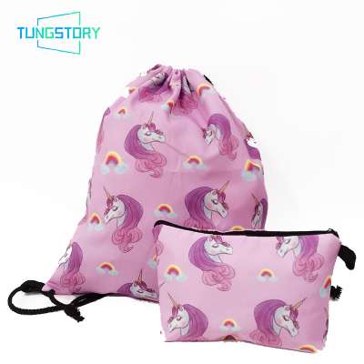 Wholesale Promotional Gift Custom Cartoon Printing Cosmetic And Bags One Set Polyester Drawstring Bag Unicorn Backpack