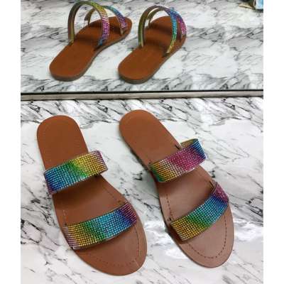 Fashion Trend Design Rainbow Bling Glitter Rhinestone Slipper Slides For Ladies