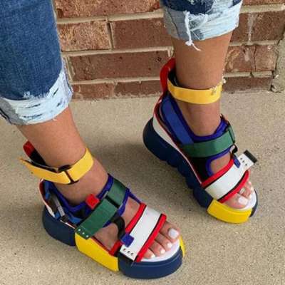 2020 Summer Latest Arrival Femme Wedge Shoes Thick-soled Flat Colored Middle Platform Sandals For Women And Ladies